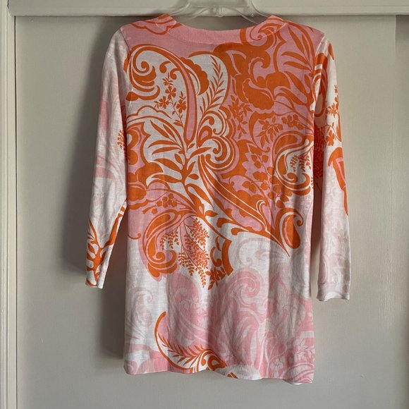 NWT Talbots Pink/Orange Paisley V Neck  3/4 Sleeve Pullover Cotton Sweater Top S - Picture 2 of 8